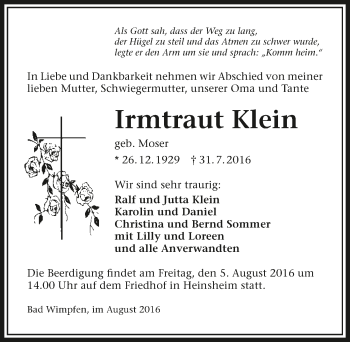 Traueranzeige von Irmtraut Klein 