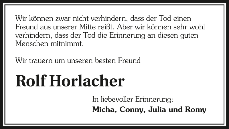  Traueranzeige für Rolf Horlacher vom 22.08.2016 aus 