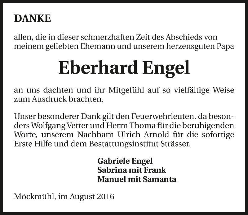  Traueranzeige für Eberhard Engel vom 17.08.2016 aus 