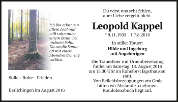 Traueranzeige von Leopold Kappel 