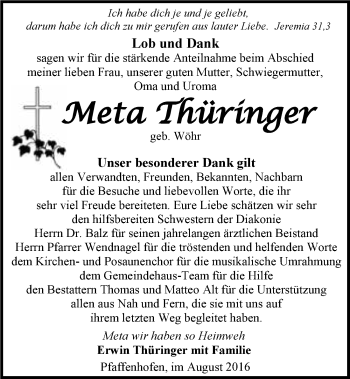 Traueranzeige von Meta Thüringer 
