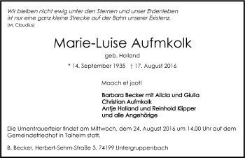 Traueranzeige von Marie-Luise Aufmkolk 
