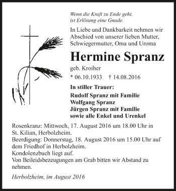 Traueranzeige von Hermine Spranz 