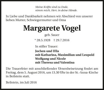 Traueranzeige von Margarete Vogel 