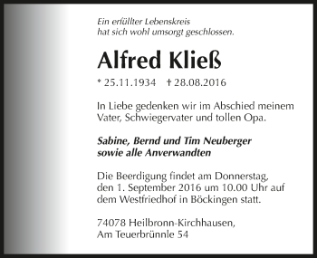 Traueranzeige von Alfred Kließ 