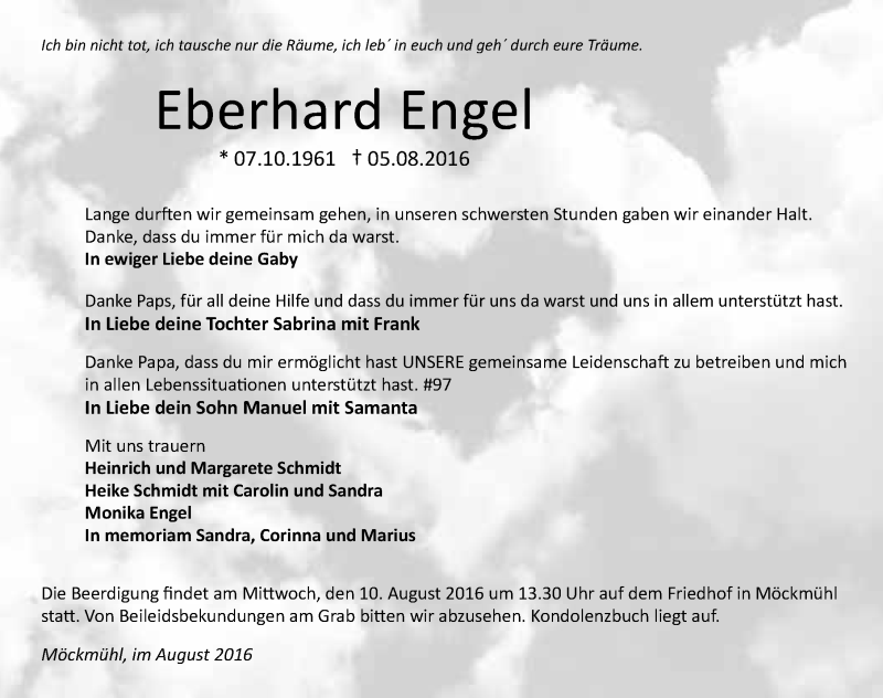  Traueranzeige für Eberhard Engel vom 08.08.2016 aus 