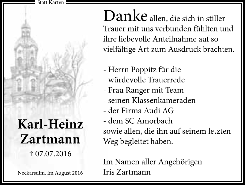  Traueranzeige für Karl-Heinz Zartmann vom 04.08.2016 aus 