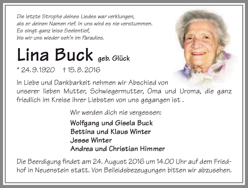  Traueranzeige für Lina Buck vom 19.08.2016 aus 