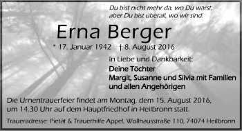 Traueranzeige von Erna Berger 