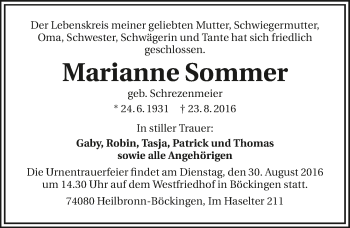 Traueranzeige von Marianne Sommer 