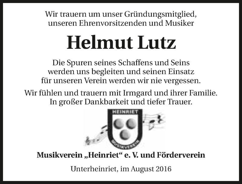 Traueranzeige für Helmut Lutz vom 06.08.2016 aus 