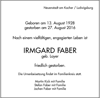 Traueranzeige von Irmgard Faber 