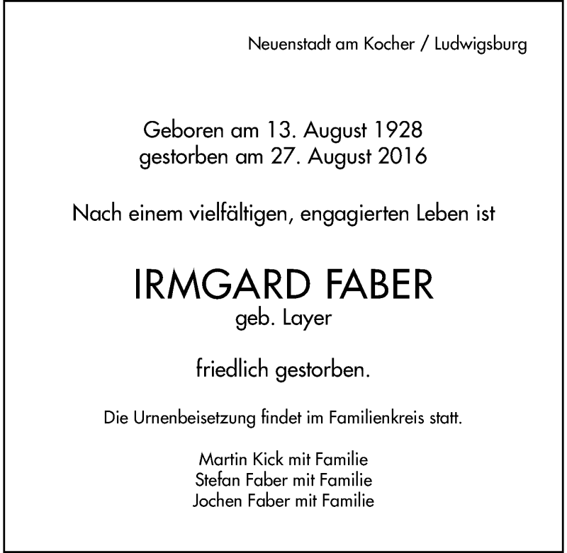  Traueranzeige für Irmgard Faber vom 30.08.2016 aus 