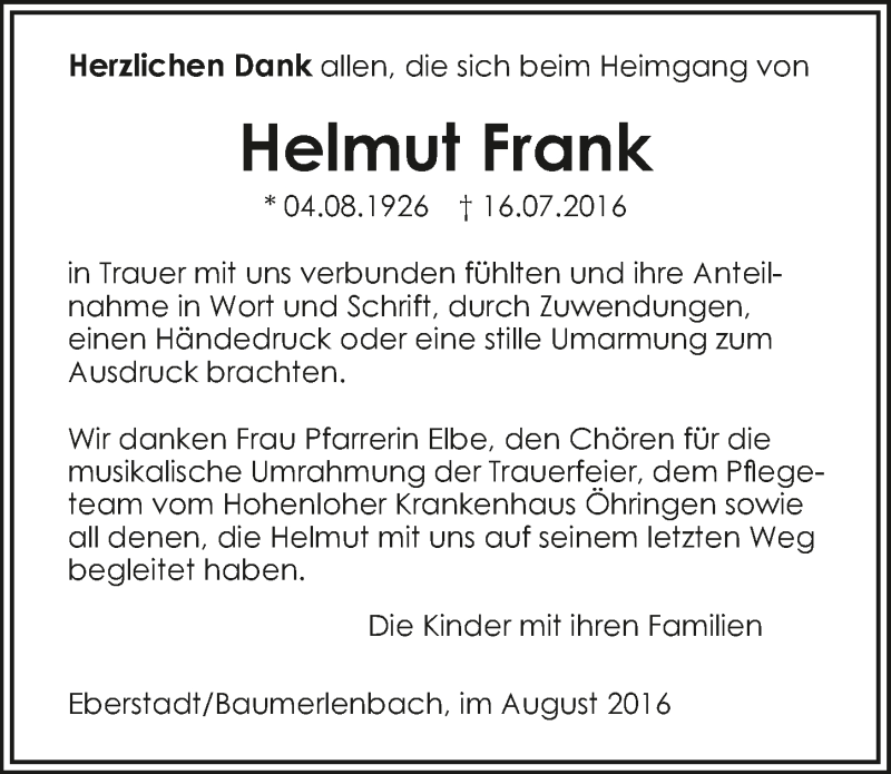  Traueranzeige für Helmut Frank vom 16.08.2016 aus 