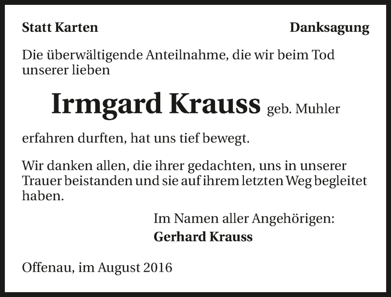  Traueranzeige für Irmgard Krauss vom 27.08.2016 aus 
