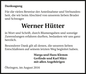 Traueranzeige von Werner Hütter 