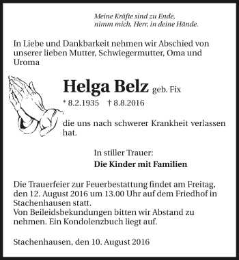 Traueranzeige von Helga Belz 