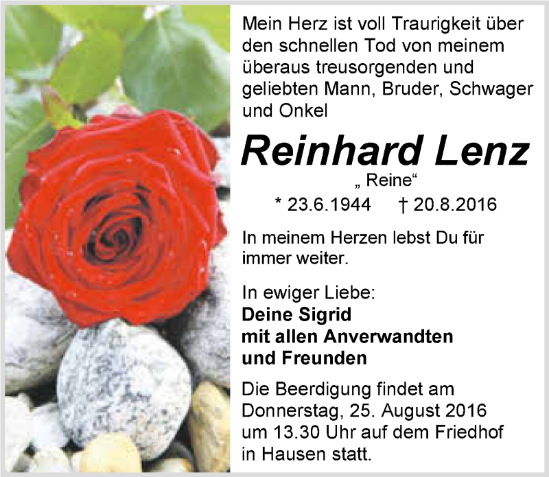  Traueranzeige für Reinhard Lenz vom 22.08.2016 aus 