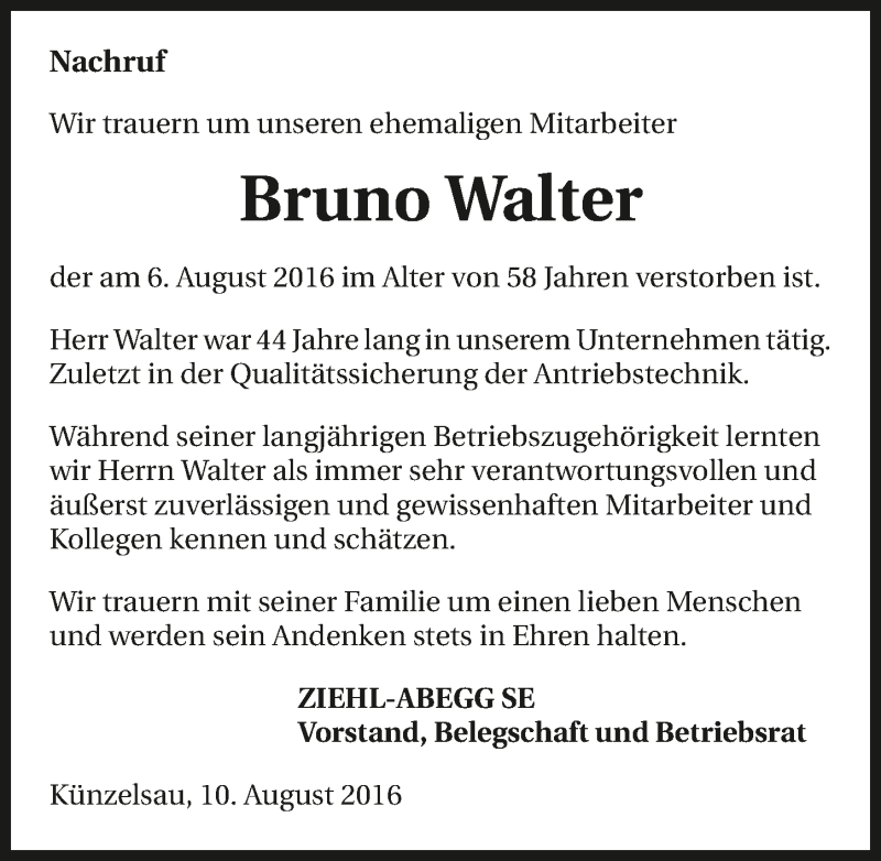  Traueranzeige für Bruno Walter vom 10.08.2016 aus 