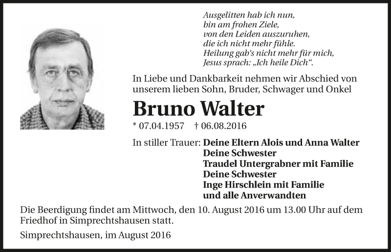  Traueranzeige für Bruno Walter vom 09.08.2016 aus 