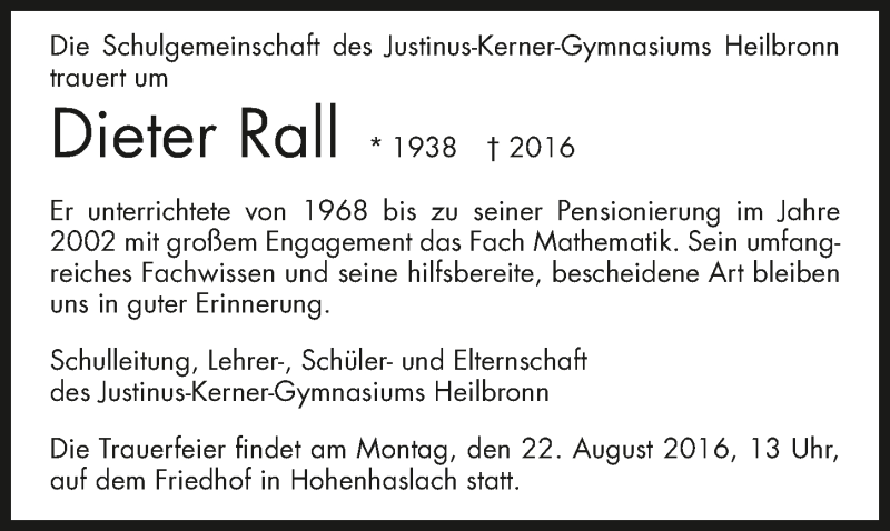  Traueranzeige für Dieter Rall vom 20.08.2016 aus 