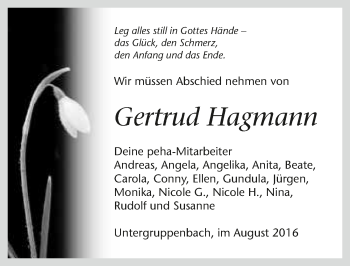 Traueranzeige von Gertrud Hagmann 