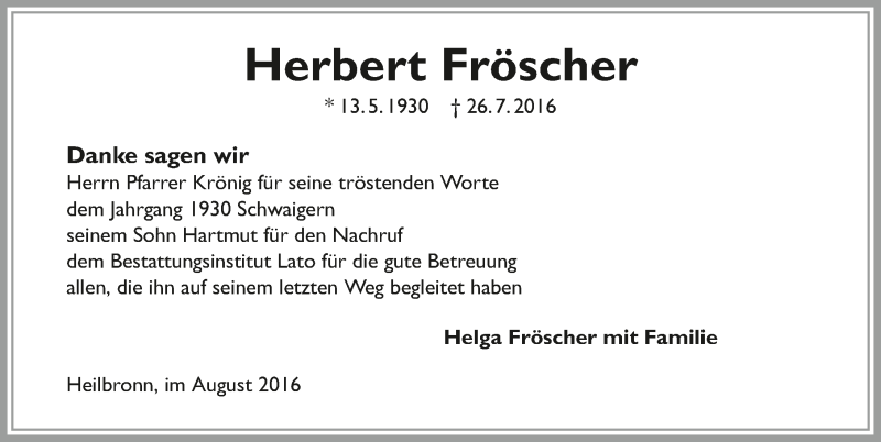  Traueranzeige für Herbert Fröscher vom 13.08.2016 aus 