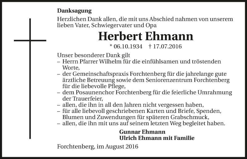  Traueranzeige für Herbert Ehmann vom 13.08.2016 aus 
