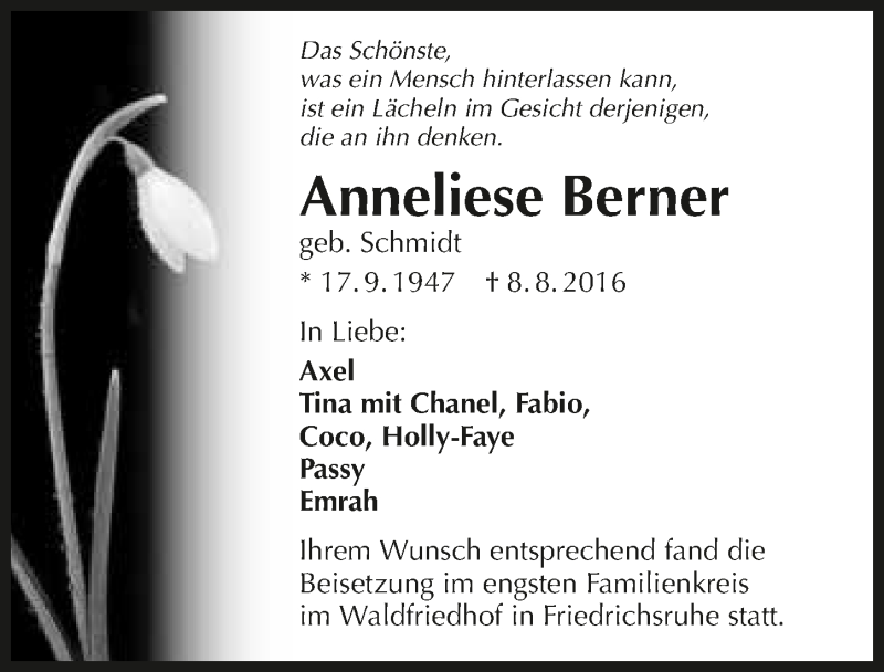  Traueranzeige für Anneliese Berner vom 20.08.2016 aus 