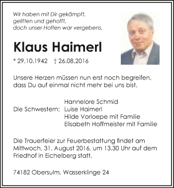 Traueranzeige von Klaus Haimerl 