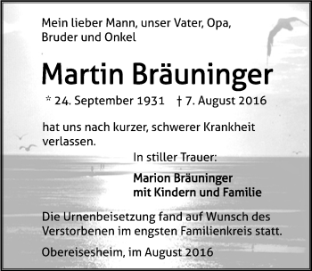 Traueranzeige von Martin Bräuninger 