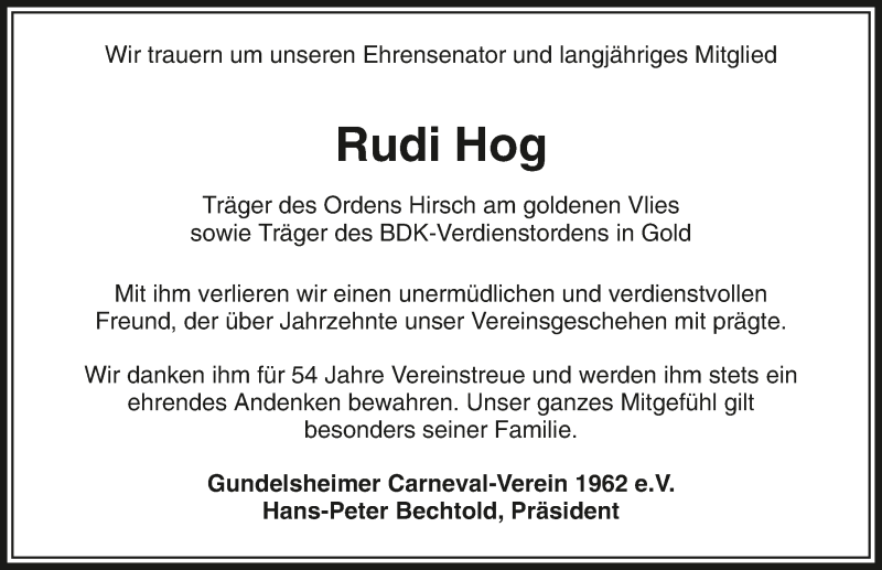  Traueranzeige für Rudi Hog vom 05.08.2016 aus 