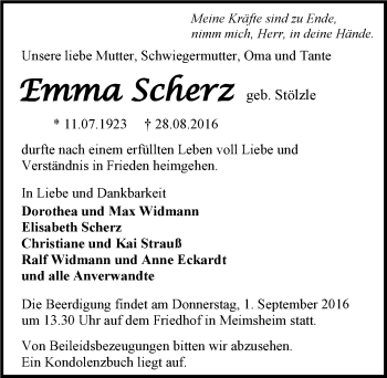 Traueranzeige von Emma Scherz 