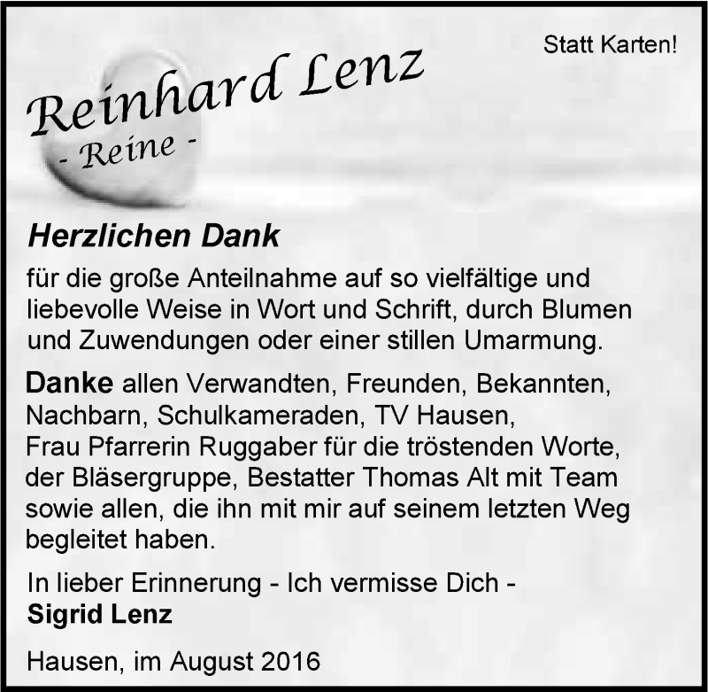  Traueranzeige für Reinhard Lenz vom 01.09.2016 aus 