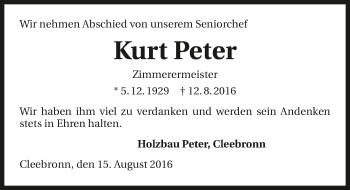 Traueranzeige von Kurt Peter 