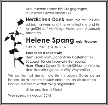 Traueranzeige von Helene Spang 