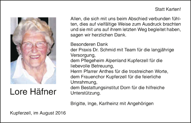  Traueranzeige für Lore Häfner vom 05.08.2016 aus 
