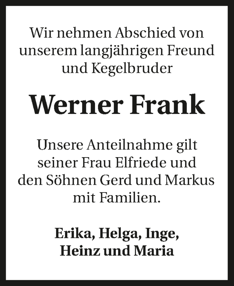  Traueranzeige für Werner Frank vom 01.09.2016 aus 