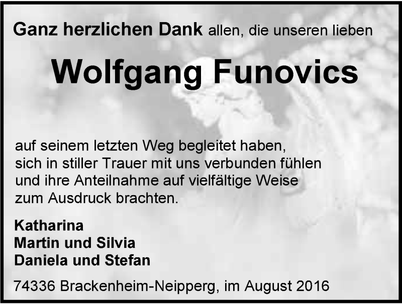  Traueranzeige für Wolfgang Funovics vom 13.08.2016 aus 