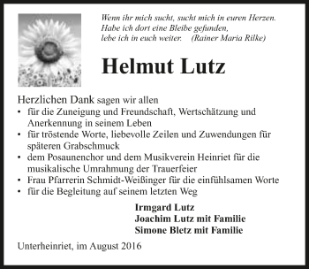 Traueranzeige von Helmut Lutz 