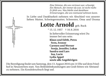 Traueranzeige von Lotte Arnold 