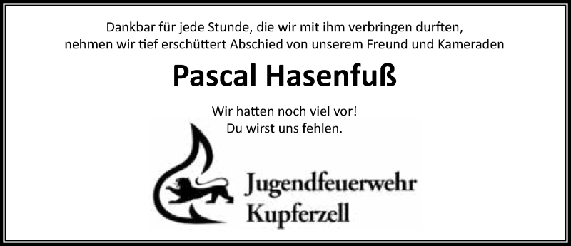  Traueranzeige für Pascal Hasenfuß vom 13.08.2016 aus 