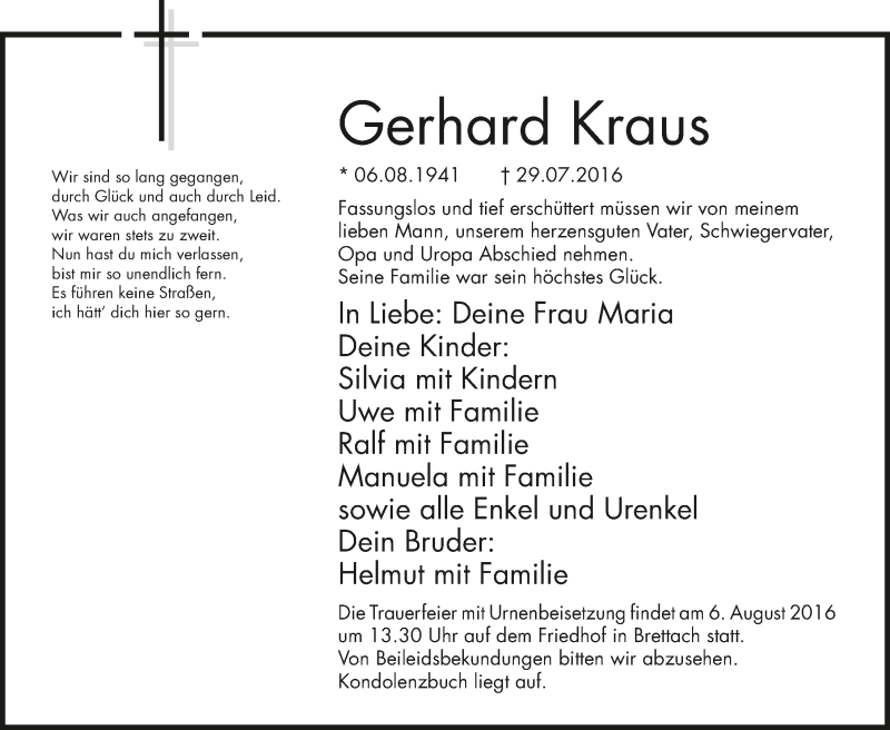  Traueranzeige für Gerhard Kraus vom 04.08.2016 aus 