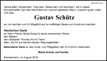 Traueranzeige von Gustav Schütz 
