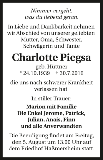 Traueranzeige von Charlotte Piegsa 