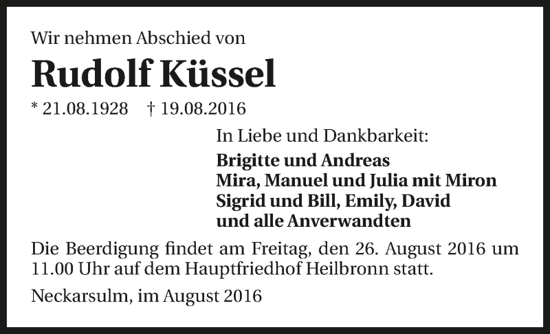  Traueranzeige für Rudolf Küssel vom 23.08.2016 aus 
