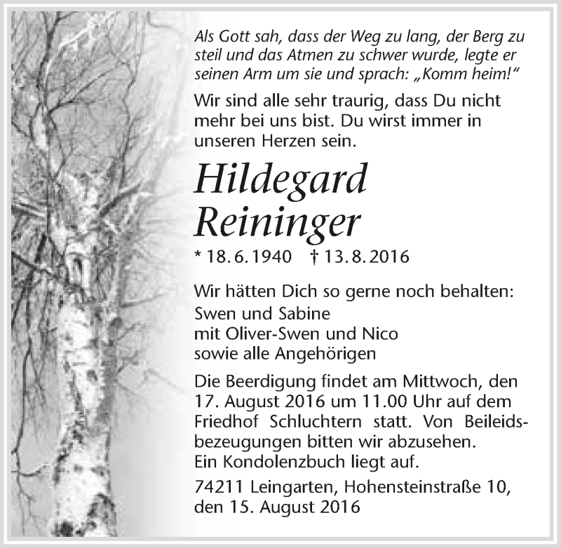  Traueranzeige für Hildegard Reininger vom 15.08.2016 aus 