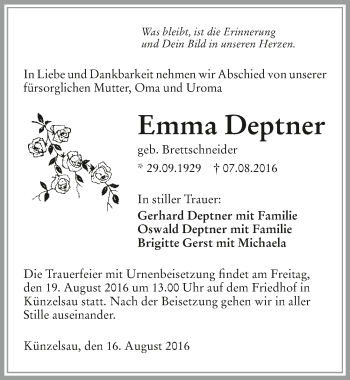 Traueranzeige von Emma Deptner 