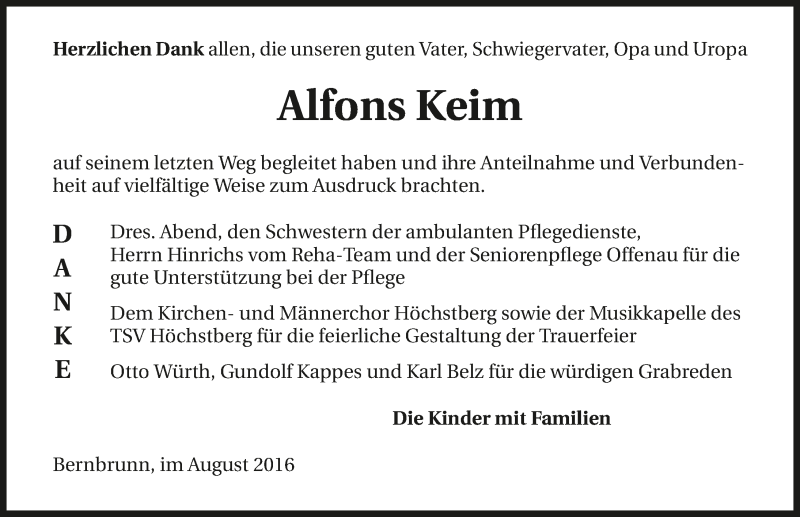  Traueranzeige für Alfons Keim vom 05.08.2016 aus 