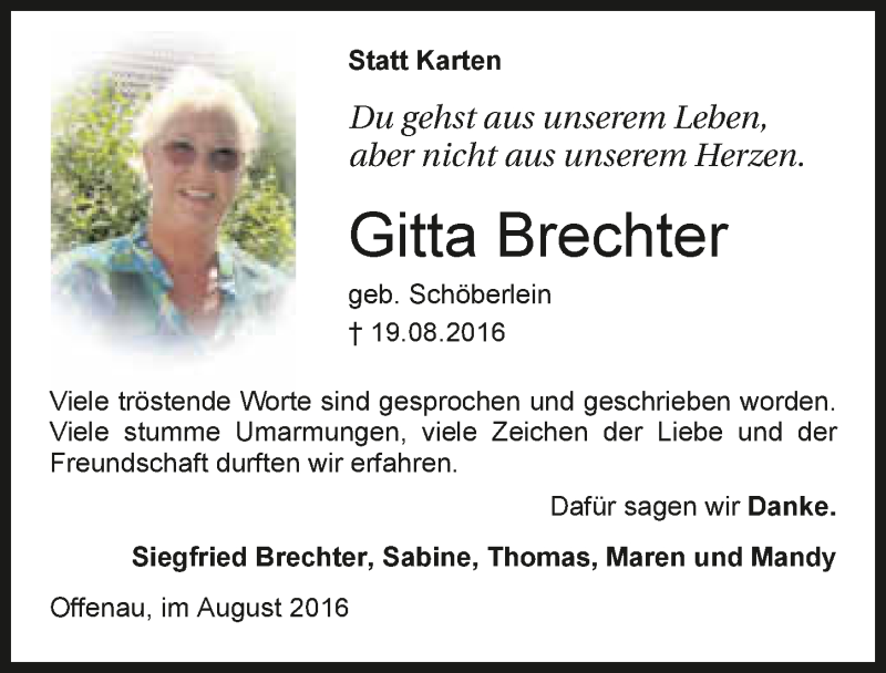  Traueranzeige für Gitta Brechter vom 31.08.2016 aus 